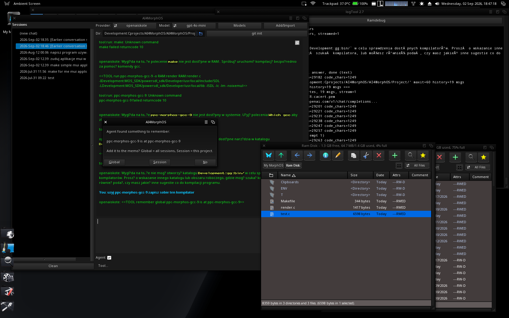The agent building an SDL program with the PPC gcc on MorphOS