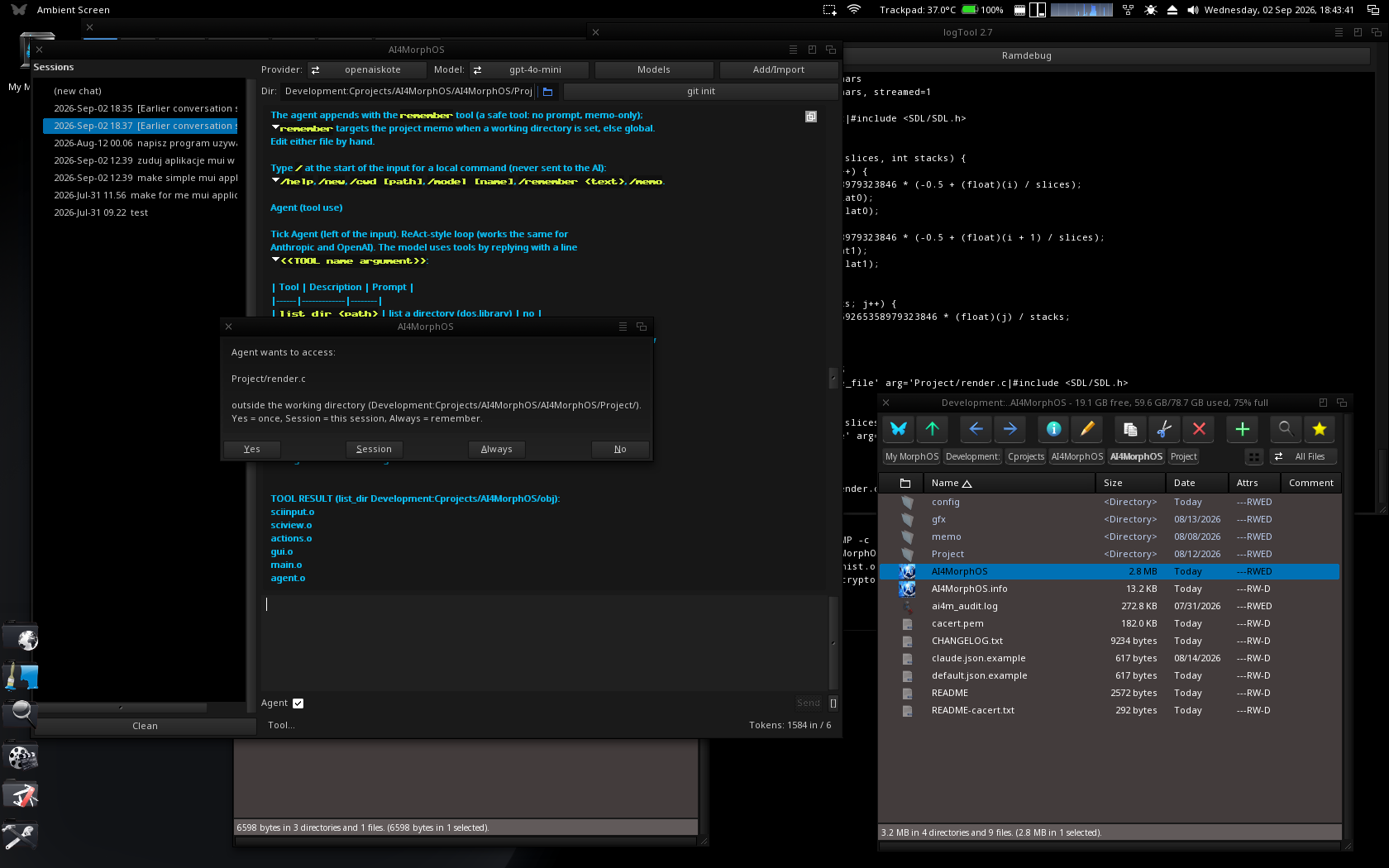 AI4MorphOS asking for approval before the agent touches a file outside the working directory