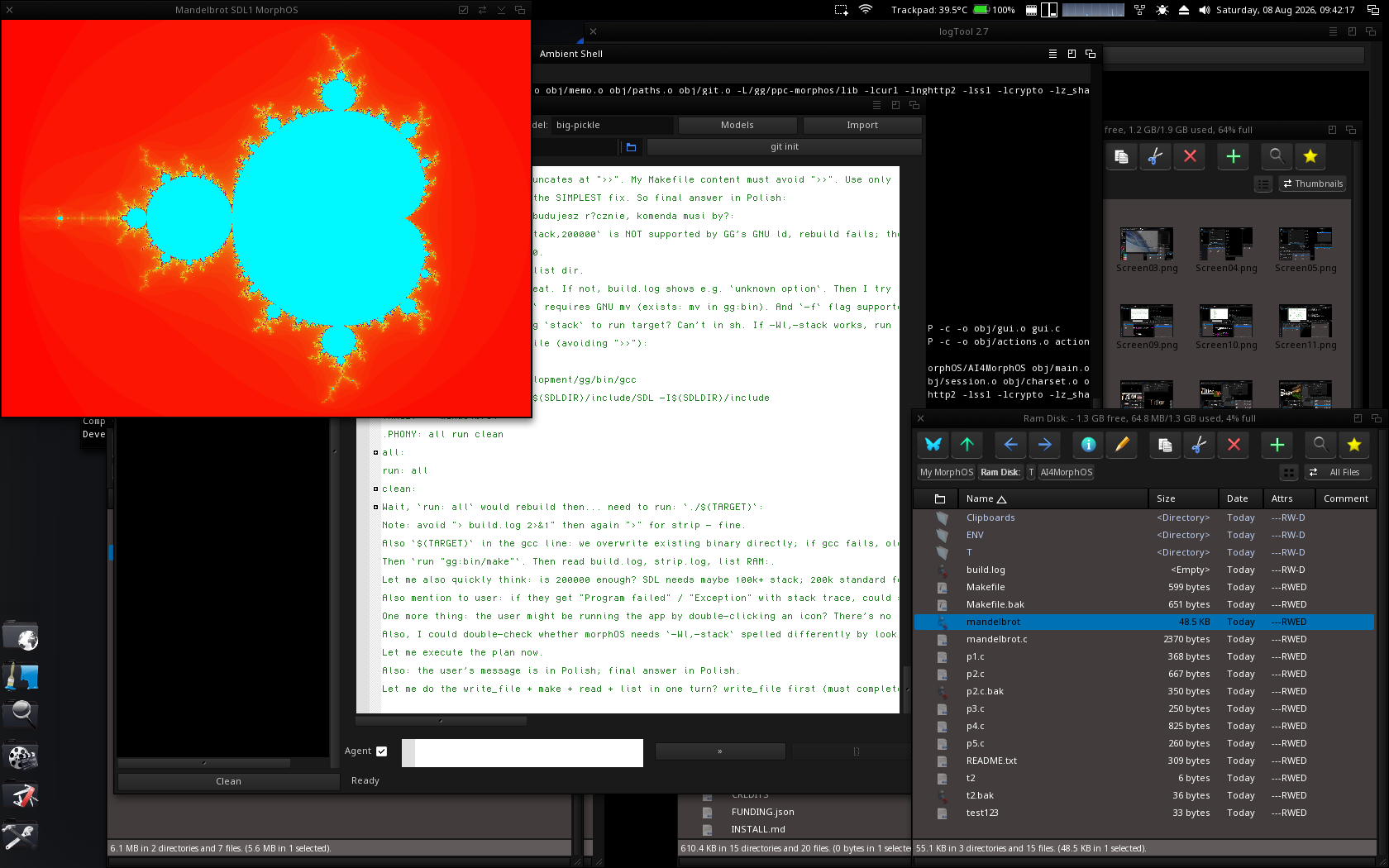 The agent built and ran an SDL Mandelbrot on MorphOS