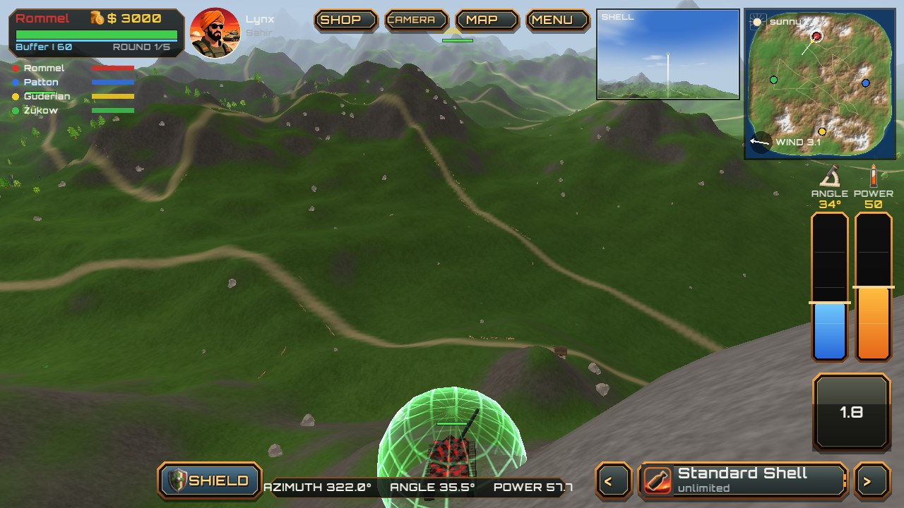 A wide view over the island: green hills with roads winding between them, the tank under its shield in the foreground