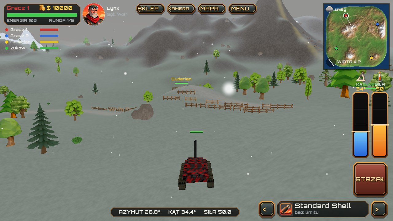 A network match in snow, with fences and trees and an explosion in the distance