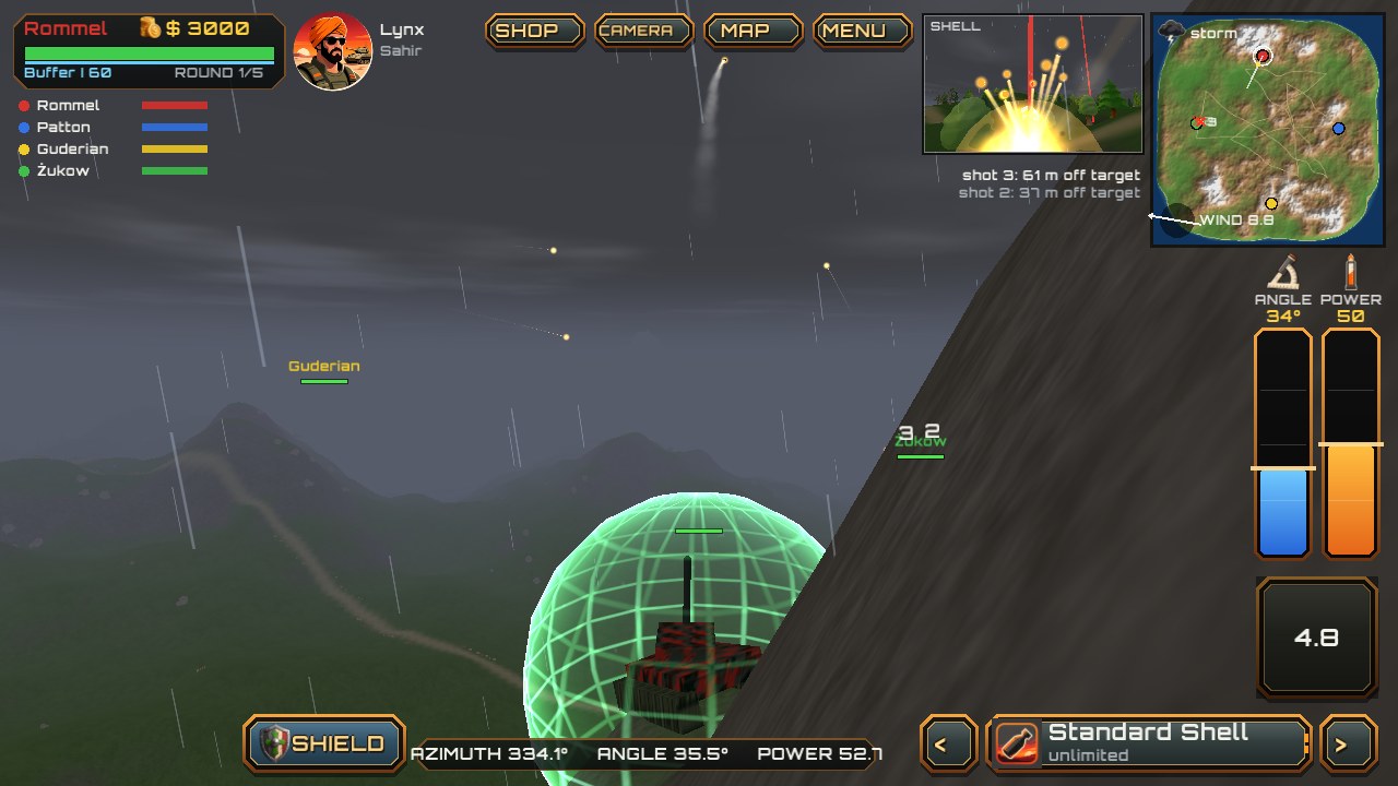 A dark sky in a storm; the small window shows the shell bursting on its target