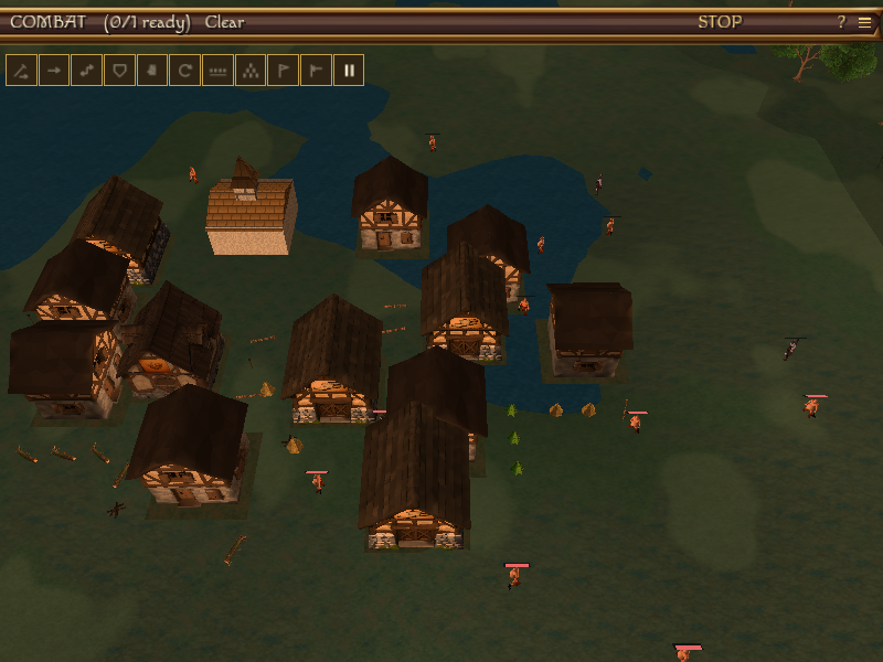 An assault on a town — its houses and yards seen from above as the fight moves in