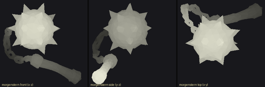 A weapon modelled in 3D, shown from three angles