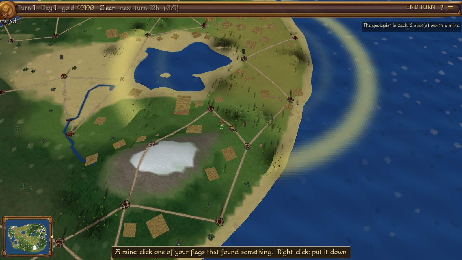 The island from high up — towns joined by roads, a lake, a river, a snow-capped height and the coast running into the sea