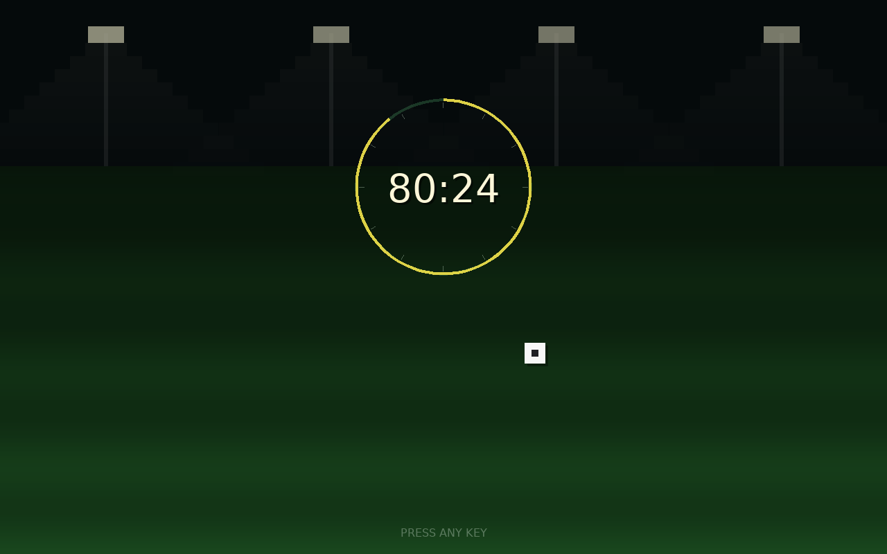 The opening: a match clock winding to ninety minutes over a floodlit pitch