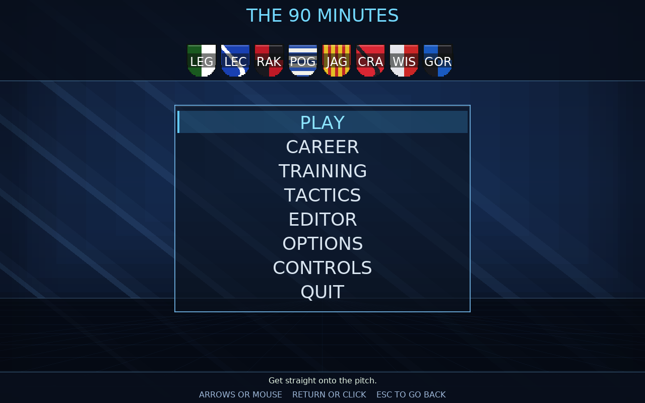 The main menu on the arena backdrop with club badges