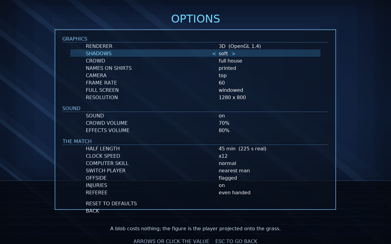 The options screen