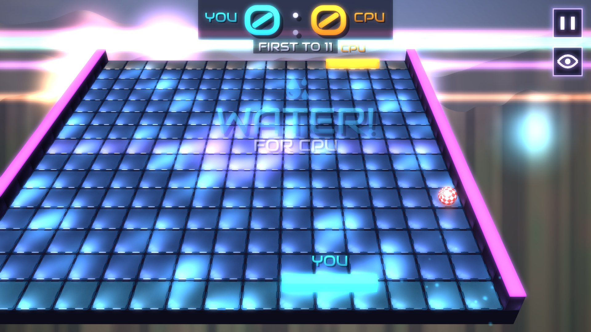 The Water bonus — WATER! FOR CPU over a flooded blue table, caustics on the tiles