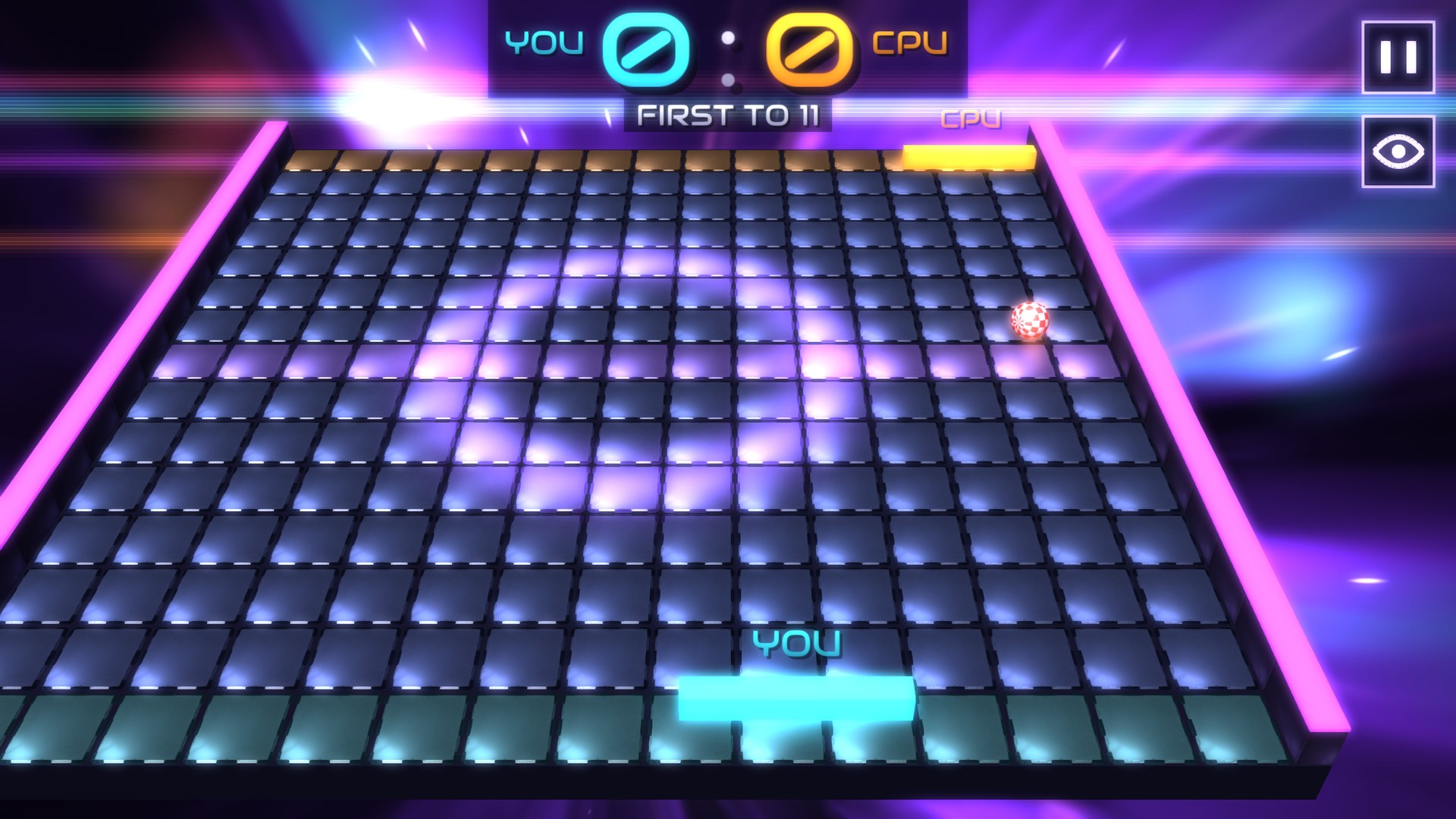 A duel against the CPU on the flat table in the classic view — your cyan paddle near, the orange CPU paddle far, the boing ball on the glowing tiles, the score 0 : 0 and First to 11 at the top