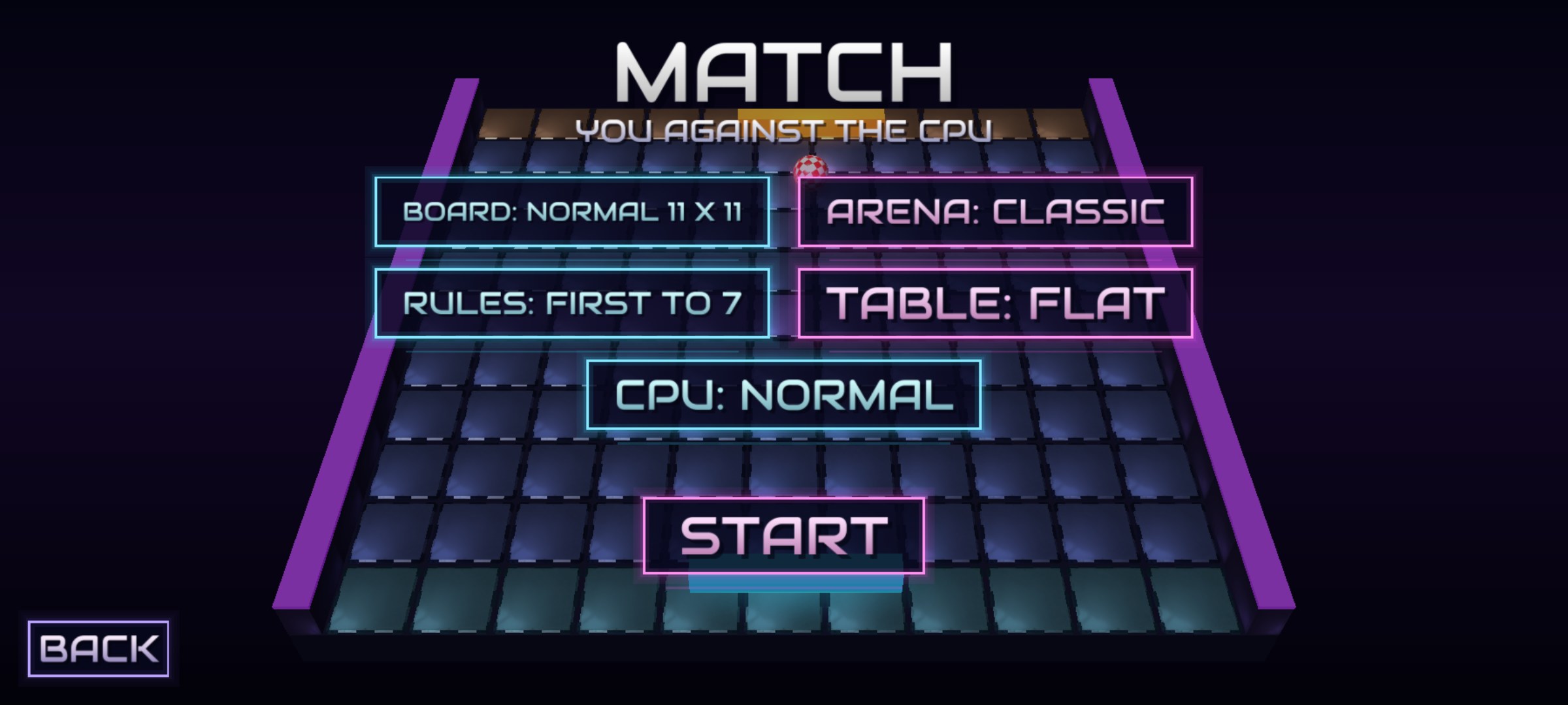 The Match screen with its options: Board Normal 11 x 11, Arena Classic, Rules First to 7, Table Flat, CPU Normal, and the Start button