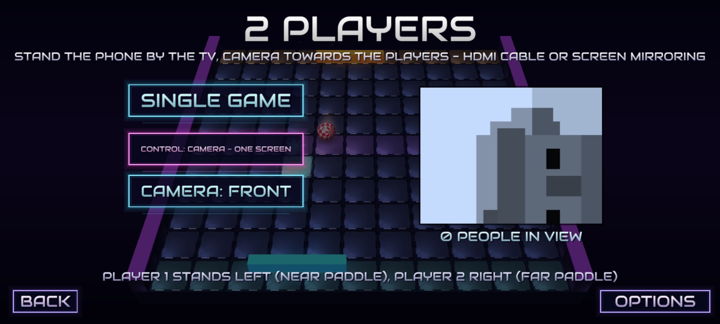 The two-player screen of an earlier build with camera control on one screen: the Camera: Front button, the live camera preview and the people-in-view count