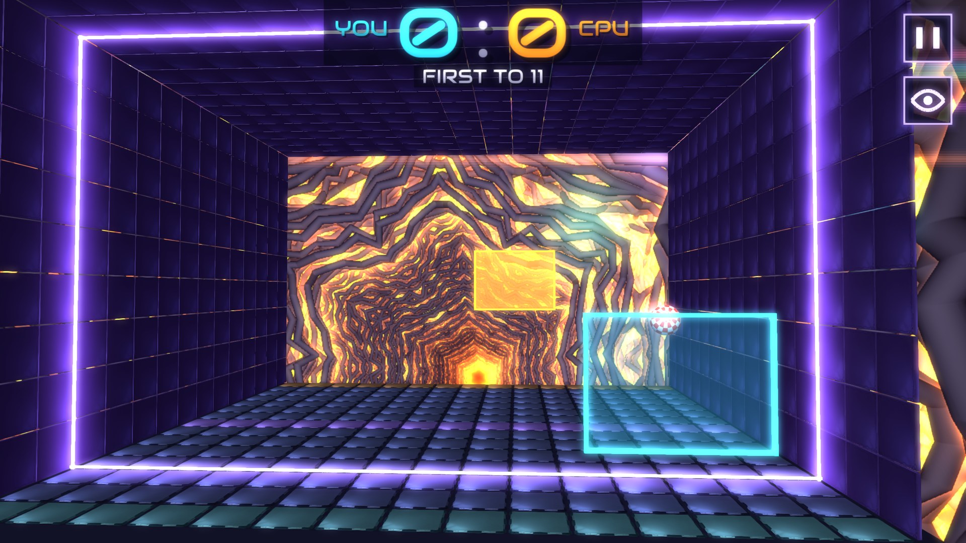 The 3D corridor — tiled neon walls and ceiling, your glass cyan paddle near, the orange paddle at the far end in front of a glowing rock tunnel background, the ball in the air