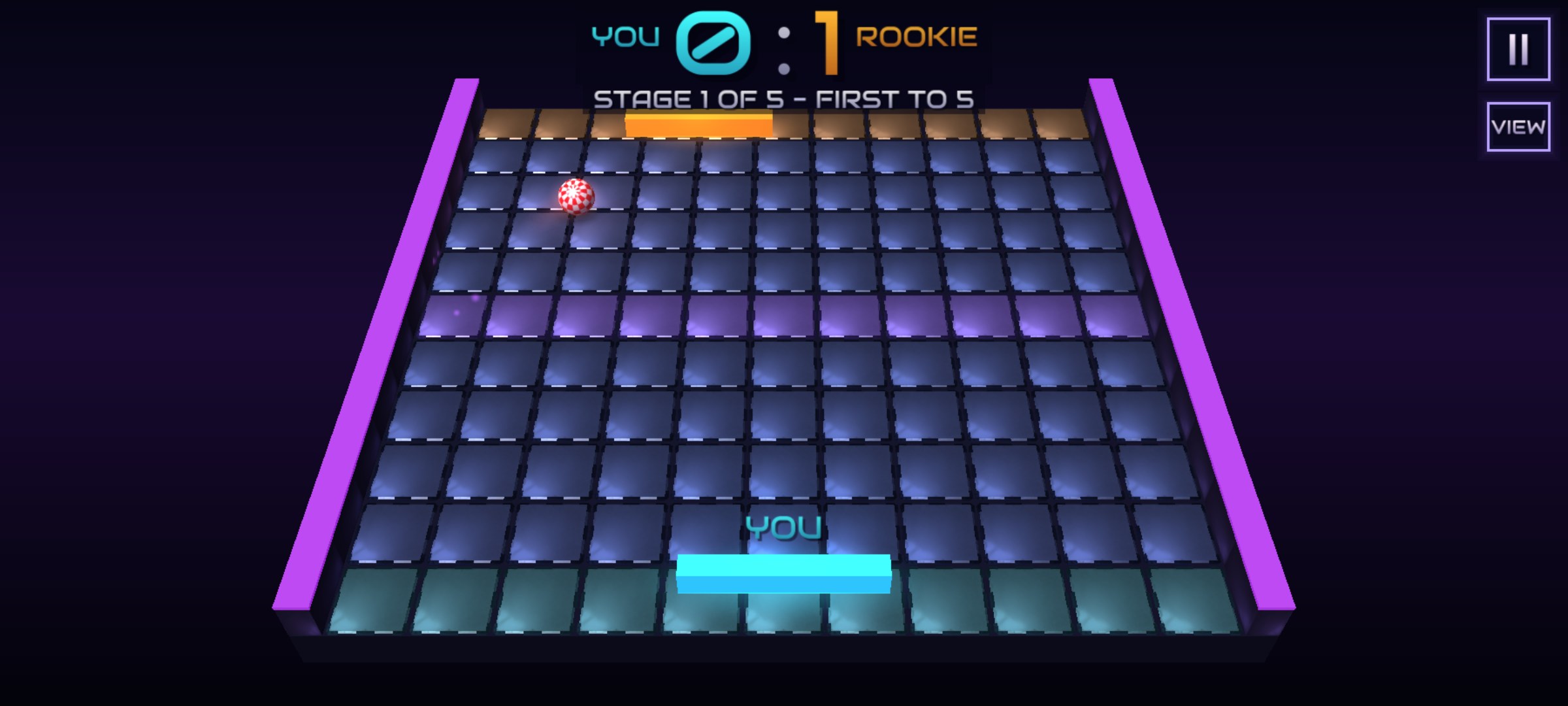 Tournament stage 1 of 5 against Rookie, first to 5, in the classic view — your cyan paddle near, the orange one far, the boing ball between