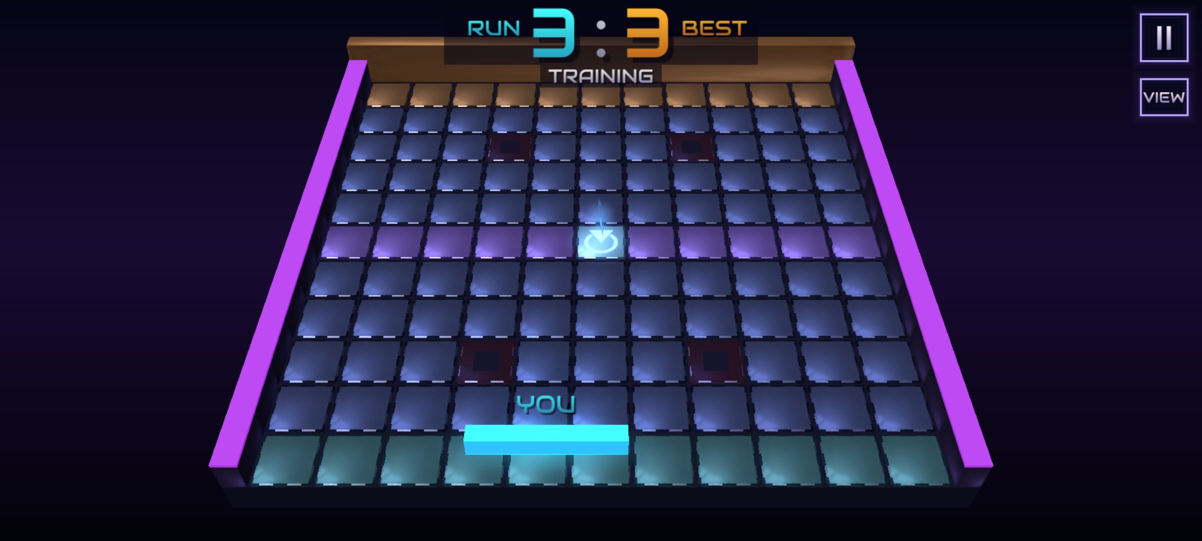 Training in the Holes arena — a wall at the far end, the HUD counting the current run and the best run, a bonus tile lit in the middle