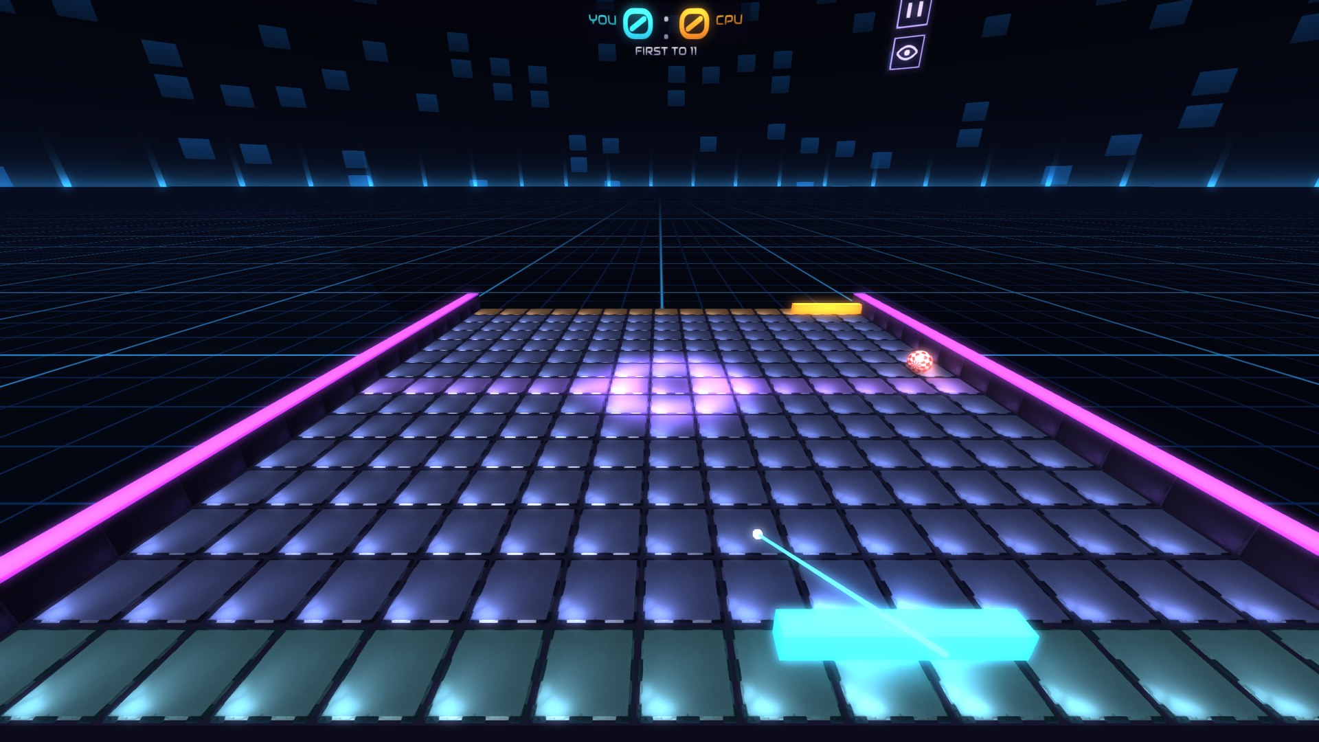 Meta Quest: a duel in VR — the table over the neon Tech Grid room, the score floating above it and the controller's ray pointing at your paddle