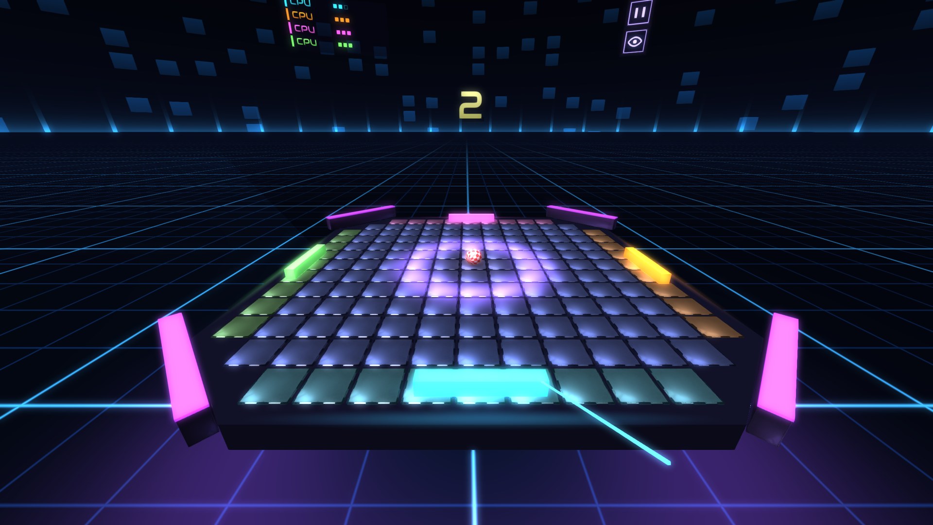 Meta Quest: the ring in VR — a polygon table with coloured paddles in the Tech Grid room, a countdown 2 above it and the controller's ray